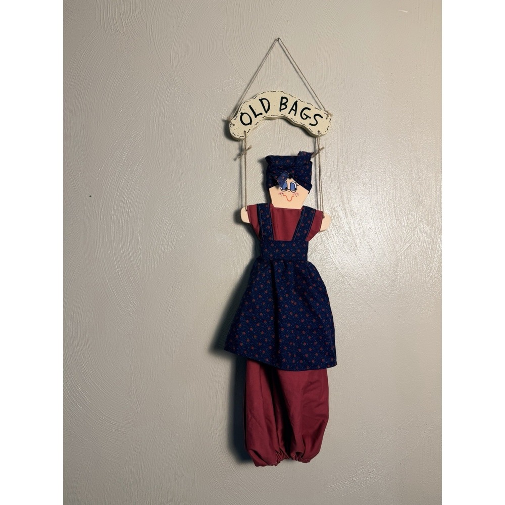 Vintage "Old Bags" Wooden Folk Art Plastic Bag Holder Wall Hang Cottagecore